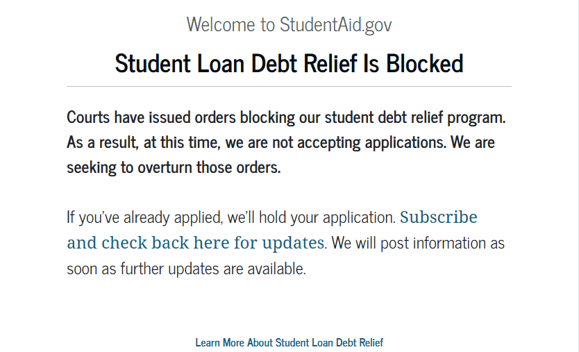 Message about student debt relief being blocked.