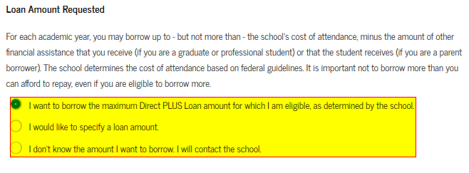Screenshot for "loan amount requested" on Parent PLUS Loan application on studentaid.gov.