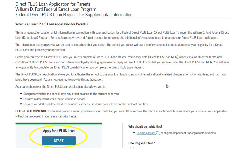 Screenshot for "start" button on studentaid.gov Parent PLUS loan application.