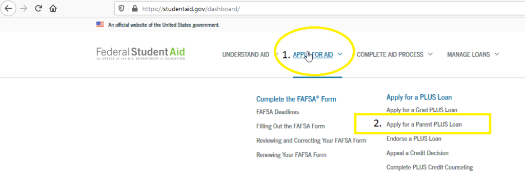 Screenshot showing how to apply for Parent PLUS Loan on studentaid.gov.