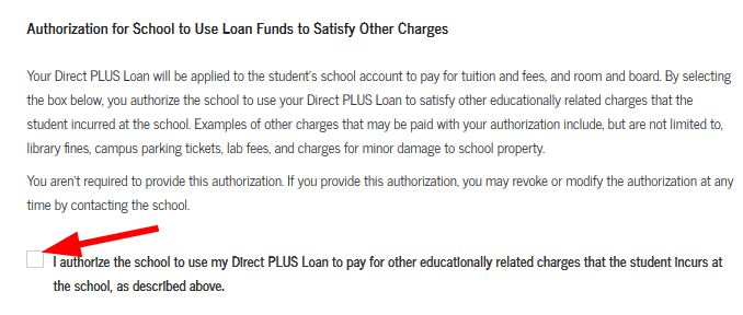 Screenshot of "authorization" checkbox on Parent PLUS Loan application on studentaid.gov.