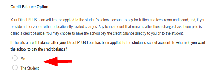 Credit balance option screenshot on Parent PLUS loan application on studentaid.gov.
