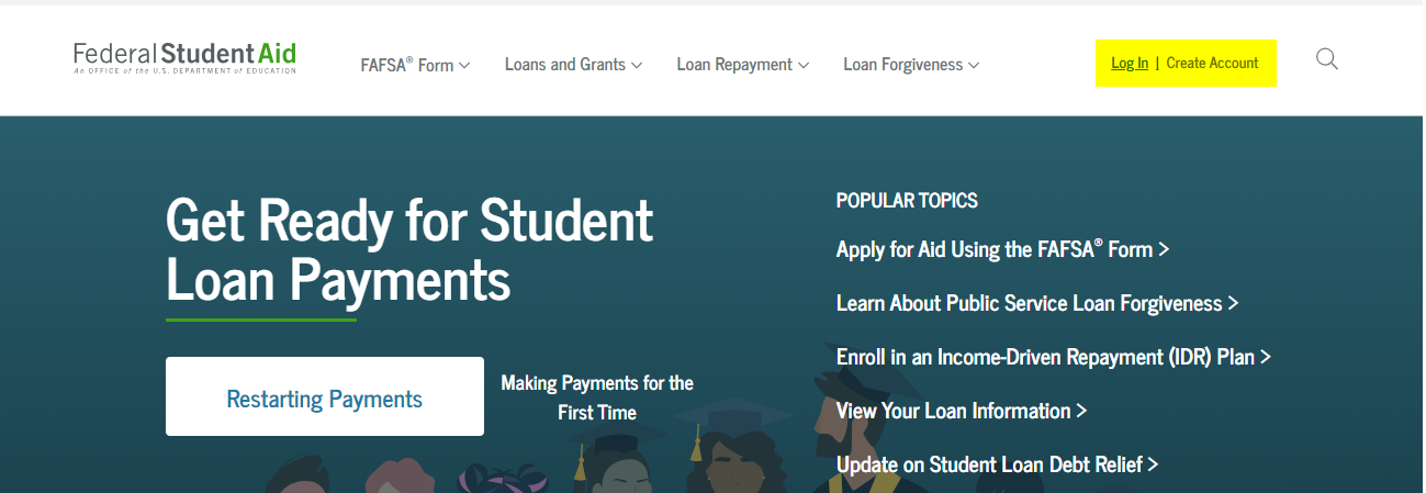 Screenshot for logging into studentaid.gov