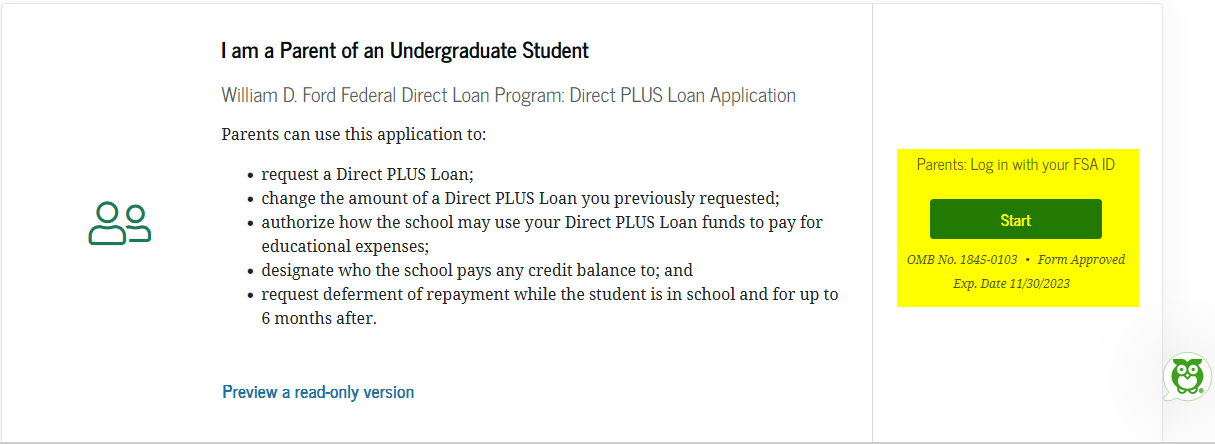 Screenshot for "start" button on studentaid.gov Parent PLUS loan application.