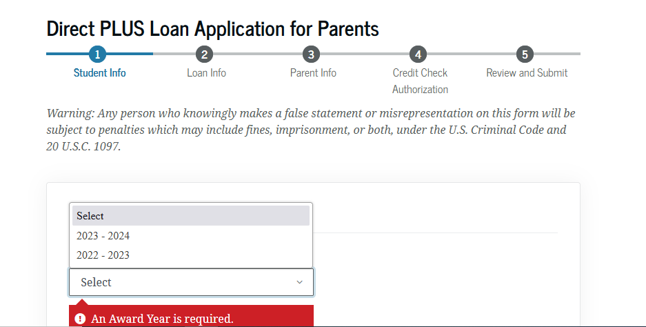 Screenshot showing "award year" selection for Parent PLUS Loan application on studentaid.gov.